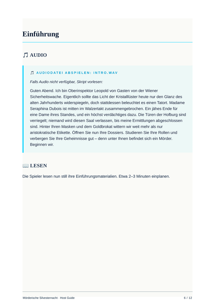Host guide intro page with audio narration cues