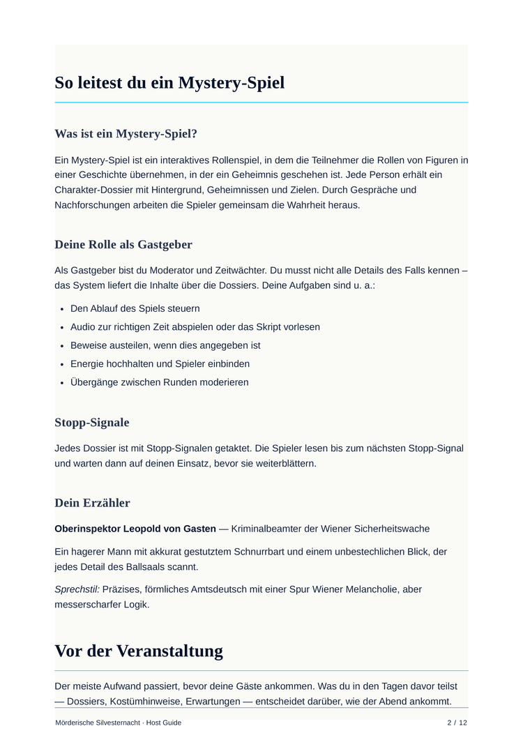 Host guide overview for a custom murder mystery party