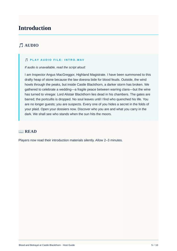 Host guide intro page with audio narration cues