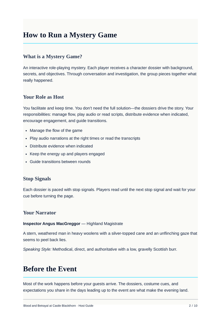 Host guide overview for a custom murder mystery party