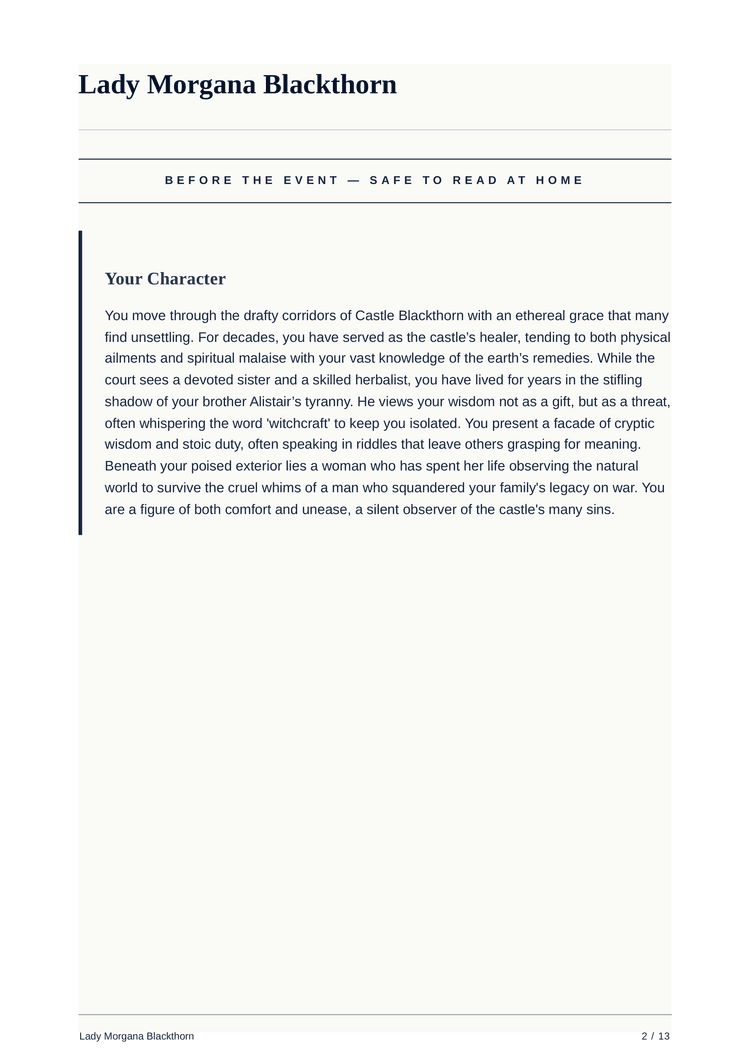 Costume guide page from a custom murder mystery character dossier