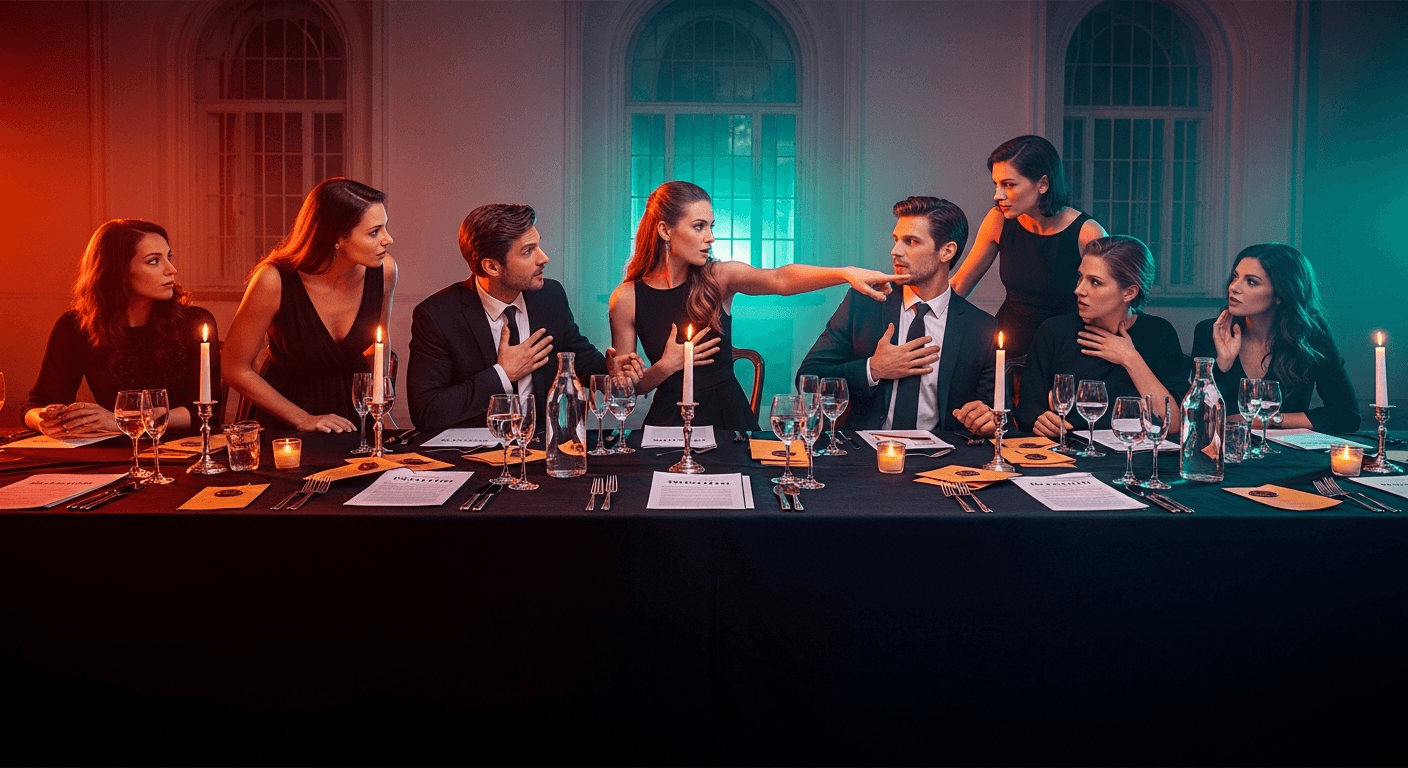 Guests at a company party playing a murder mystery over dinner